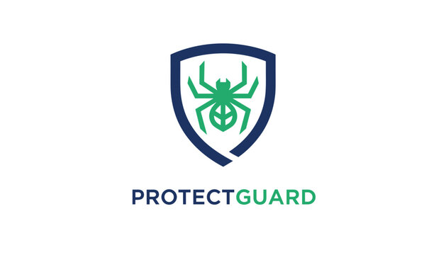 Modern logo design featuring a green spider emblem inside a dark blue protective shield on a white background.