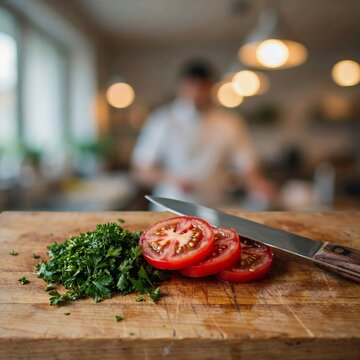 Fresh red tomato slices and chopped green herbs with a sharp kitchen knife on a rustic wooden cutting board in a professional kitchen