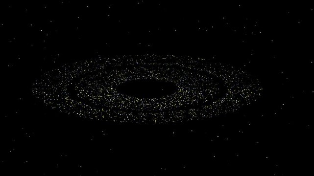 Cosmic dust ring and particle disk animation with orbiting stellar debris and glowing asteroid belt against a deep space background motion graphic loop