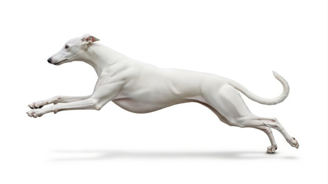 White dog running mid-jump in air