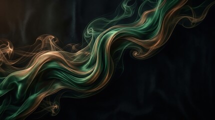 Obraz premium Abstract green and gold smoke swirls flowing on a dark black background