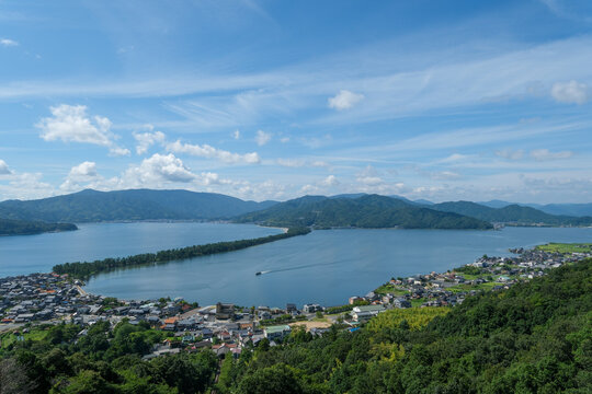 Panoramic aerial view of Amanohashidate sandbar and Aso Sea in Kyoto Japan