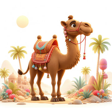 Cute Brown Camel in Colorful Arabian Desert, 3D Cartoon Animation Art,,,