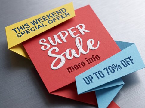 Super Sale Promotional Banner with Special Offer and Discount Text on Colorful Paper Origami Background