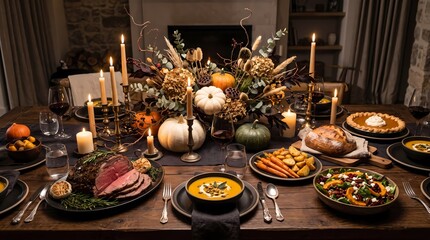 Naklejka premium Victorian Style Halloween Dinner Table with Roasted Meat and Autumnal Decorations