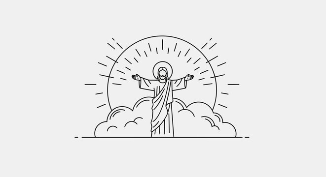 Jesus Christ Line Art Icon with Rays and Clouds, Religious Symbol, Minimalist Style