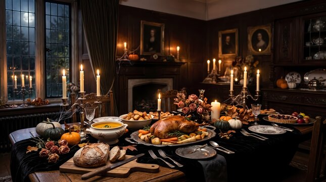 Luxury Gothic Halloween Dinner Table Setting with Roasted Turkey and Candles