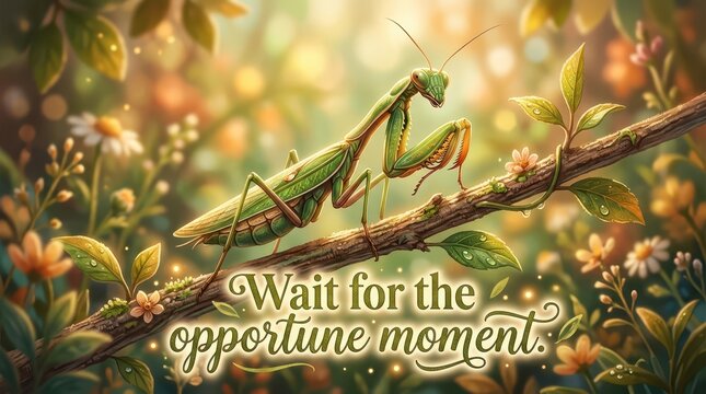 A green praying mantis perched on a branch in a lush garden with bokeh lights and the inspirational quote "Wait for the opportune moment."