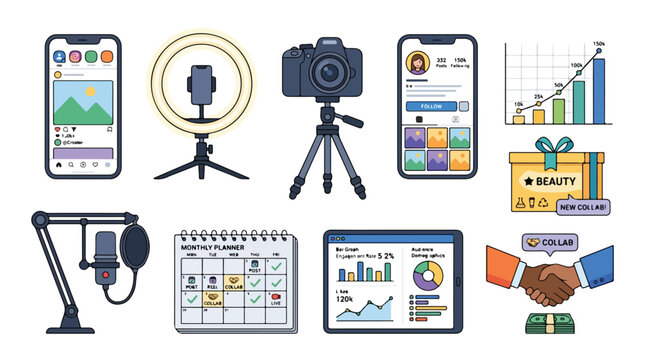Vector Illustration of Content Creation Equipment and Data Analytics in Modern Flat Style with Bright Colors