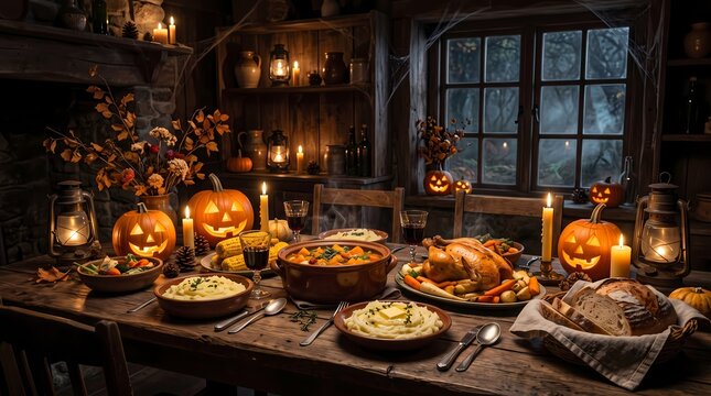 Cozy farmhouse dinner feast with autumn food and carved pumpkins
