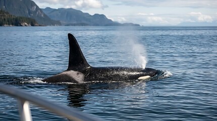Naklejka premium A magnificent orca whale breaches, creating a spray in the ocean against a mountainous backdrop.