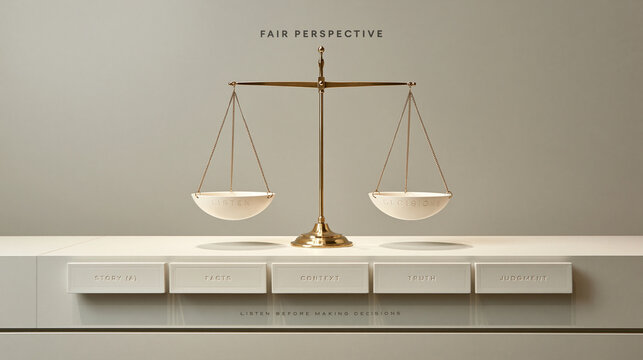 A golden balancing scale with white bowls on a minimalist table with decision and perspective typography. Fair perspective concept for justice and judgment.