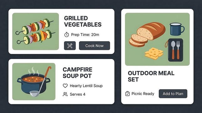 Recipe app interface for outdoor cooking and meal planning.