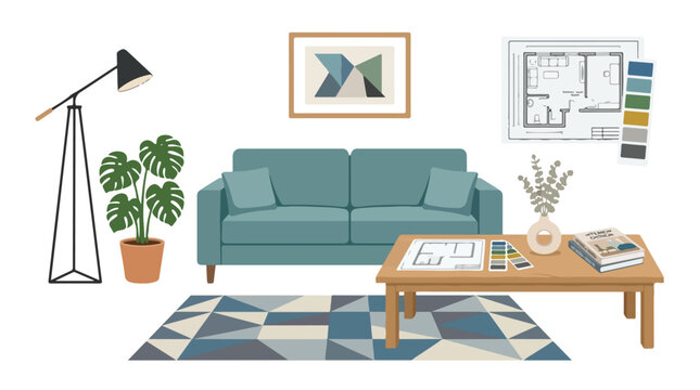 Modern Living Room Vector Illustration with Sofa Floor Lamp and Wall Art in Minimalist Style with Blue Green Neutral Colors