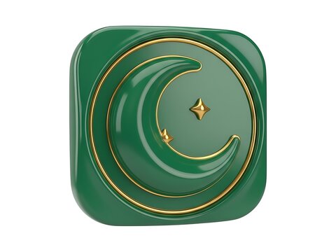 A 3d rendered app icon featuring a crescent moon and stars in emerald green