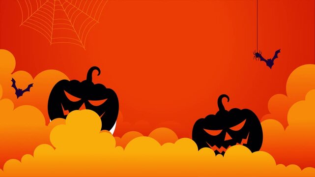 Spooky Halloween scene with carved pumpkins and spider web on orange background graphic