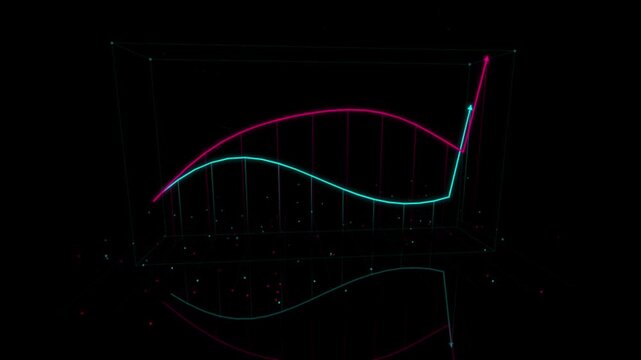 Neon financial growth chart animation: digital business data analysis and stock market trends graph