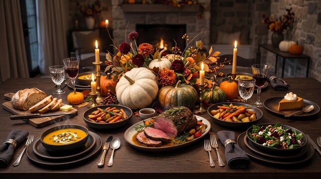 Gourmet Autumn Harvest Banquet with Roasted Meat and Pumpkin Decor on Dark Table