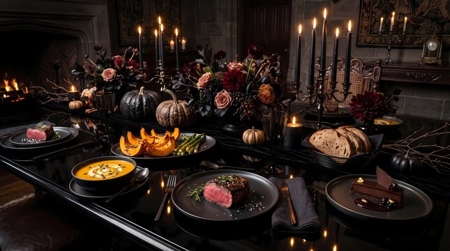 Luxurious banquet table adorned with seasonal gourds, vibrant flowers, and an array of fine cuisine