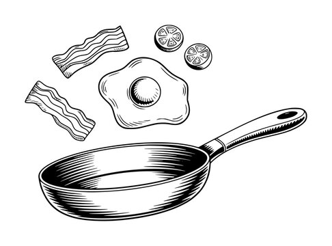 Hand-drawn of a frying pan with bacon, fried egg, and tomato slices for a delicious breakfast menu