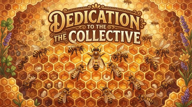 A Honeycomb with Many Bees and Larvae, Decorated with Text 'Dedication to the Collective' and Floral Elements
