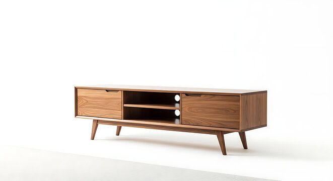 Modern wooden sideboard with drawers and open shelves displayed in a minimalist white setting
