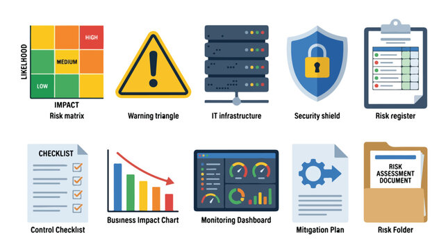 Vector Business Security Icon Set in Flat Style with Lock Shield Warning Triangle and Data Charts