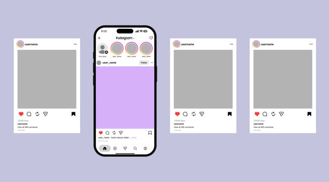 New Instagram post frame template mockup on iphone 18 pro max. ig home page carousel layout. Editorial vector illustration