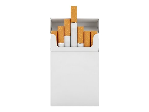 An open pack of white cigarettes with orange filters on a plain background