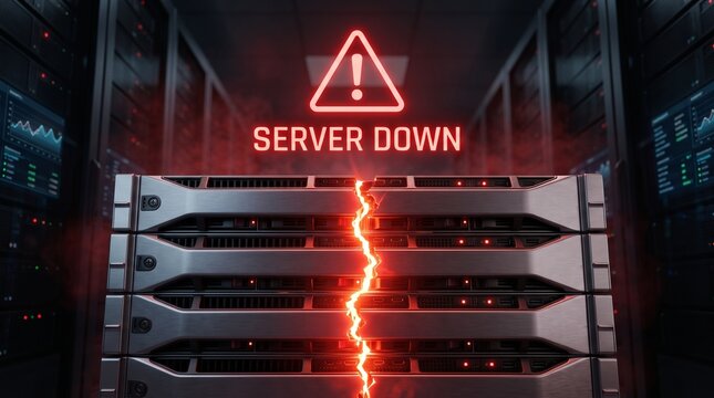 Server Room Outage with Electrical Failure and Neon Red Warning Alert Signal