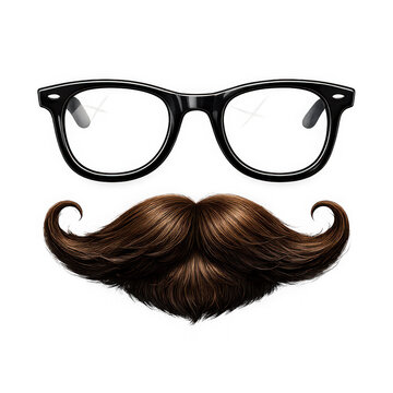 Black hornrimmed glasses and a thick brown mustache isolated on transparent background