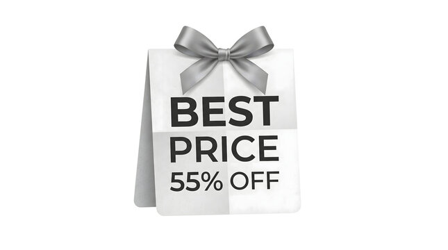 White Gift Bag With Silver Bow and Text Best Price 55% Off Isolated on Transparent Background