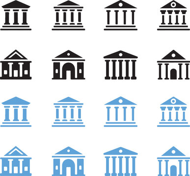 Collection of twelve building featuring classical architecture with columns and pediments in black and blue on a white background