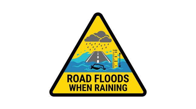 Triangular yellow road sign vector illustration featuring a graphic depiction of a flooded highway section during heavy rainstorms with water depth markers for drivers displayed in a bright bold style
