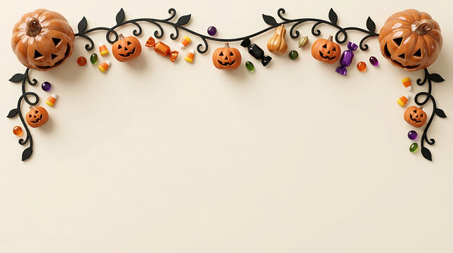 Halloween border with pumpkins and candy on a light background for festive seasonal design.