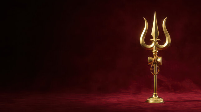 Golden trishula spear and damaru drum standing on deep red textured velvet generated using ai