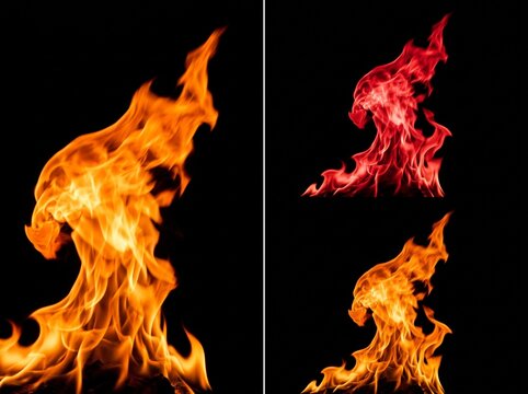 Split screen collage of intense golden and red fire flames leaping against a solid black background.