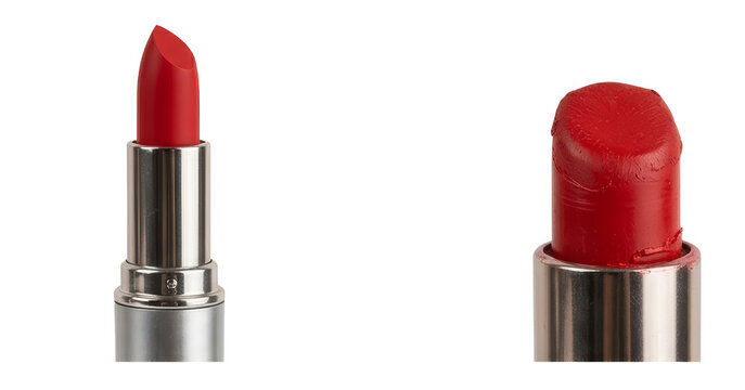 Two red lipsticks compared showing new unused lipstick and used blunt lipstick next to each other in closeup view