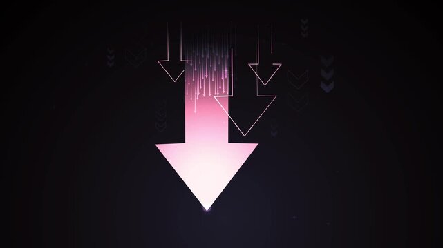 Glowing downward arrow in dark futuristic background with circuit-like rain and additional outlined arrows animation