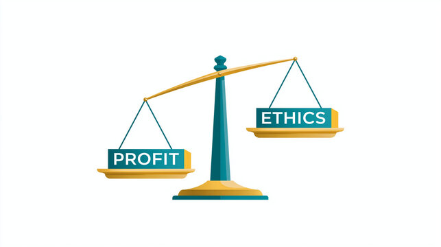 A vector balance scale weighing profit versus ethics isolated on white background. Financial dilemma concept for business ethics illustrations.