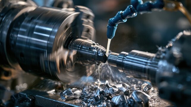 A high precision CNC lathe machine shaping a metal part with coolant fluid and flying chips. Ideal for manufacturing and mechanical engineering concepts.