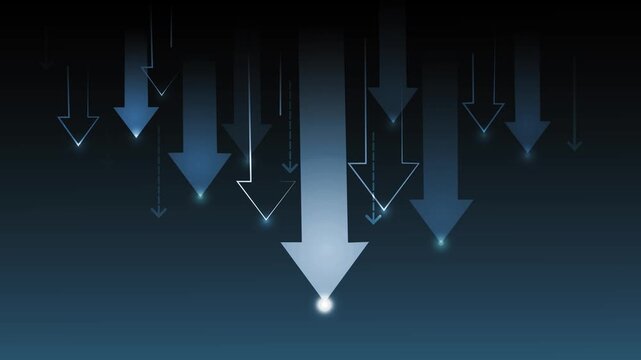 Glowing downward arrows on dark gradient background animation, Stylized downward arrows gradient background, glowing points at arrow tips
