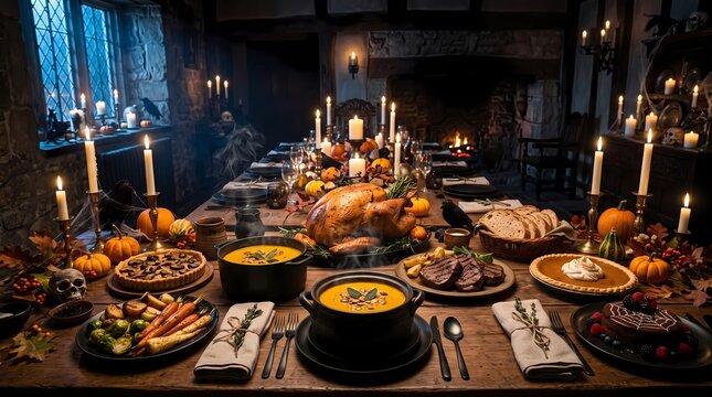 Rustic Autumn Feast with Roasted Turkey and Pumpkins in Dark Gothic Dining Room