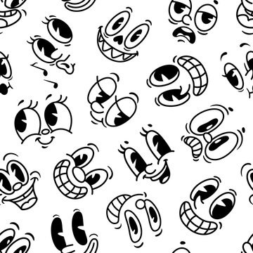 Cartoon faces emotions ans expressions seamless pattern. Caricature emoticon expression seamless pattern, emoji face textile print. Human emoticon retro character fabric backdrop or background