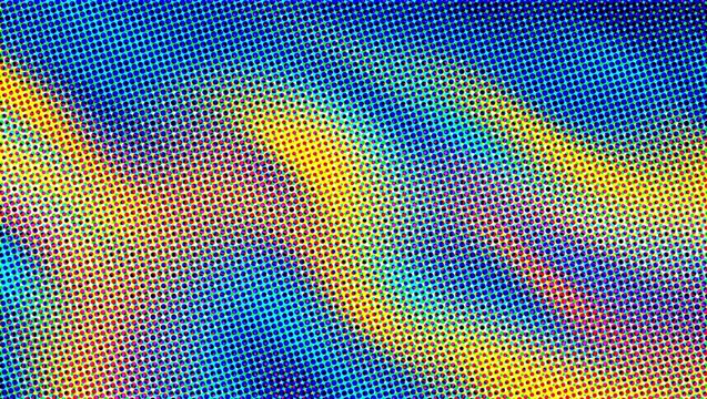 Halftone wave background with vibrant colorful gradient, retro comic dot pattern texture, abstract blue and yellow digital art