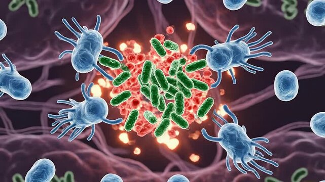 Detailed Visualization of Bacteria Infection with Immune Response in Microscopic Close-Up Against Cellular Background
