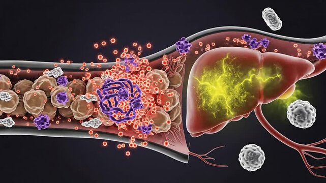 Detailed Visualization Of Blood Cells Interacting With Liver Tumor Illustrating Cellular Processes, Inflammation, And Immune Response in Medical Science