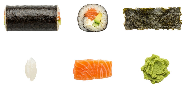 Assortment of sushi pieces including rolls, salmon nigiri, and wasabi paste for menu preparation