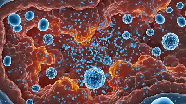 Detailed Visualization Of Cellular Structures With Blue Molecules In Reddish Tissue Emphasizing Biotechnology Research In Science And Healthcare