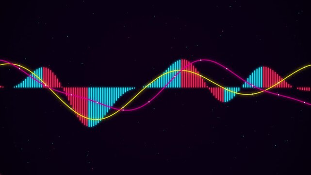 Abstract digital audio waveform equalizer background, with neon glowing, sine waves and, pulsing data bars